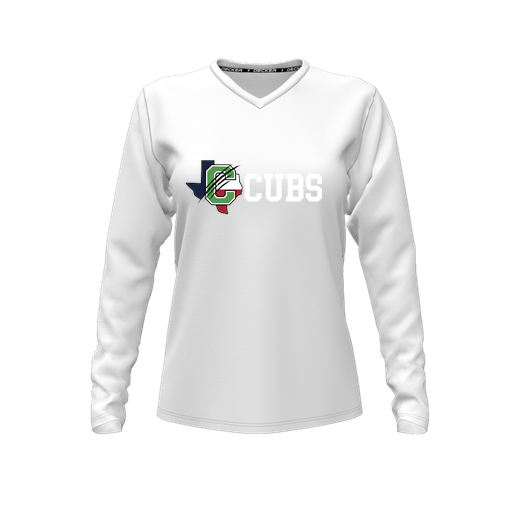 [CUS-DFW-TEES-CMF-VNK-LSL-WHT-FYXS-LOGO3] Comfort T-Shirt (Female Youth XS, White, V Neck, Logo 3, Long Sleeve)