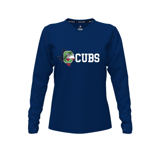 [CUS-DFW-TEES-PER-VNK-LSL-NVY-FYXS-LOGO3] Performance T-Shirt (Female Youth XS, Navy, V Neck, Logo 3, Long Sleeve)