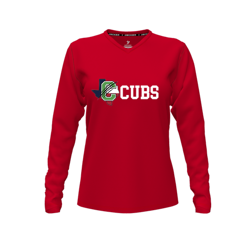 [FTLVCFRD-FYXS-LOGO3] Decker Comfort T-Shirt (Female Youth XS, Red, V Neck, Logo 3, Long Sleeve)