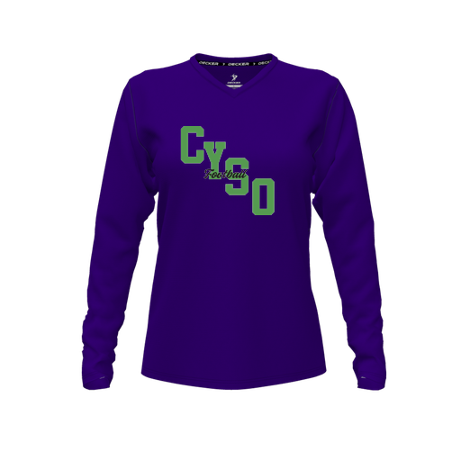 [CUS-DFW-TEES-CMF-VNK-LSL-PUR-FYXS-LOGO1] Decker Comfort T-Shirt (Female Youth XS, Purple, V Neck, Logo 1, Long Sleeve)