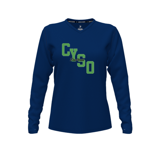 [FTLVPTNV-FYXS-LOGO1] Decker Performance T-Shirt (Female Youth XS, Navy, V Neck, Logo 1, Long Sleeve)